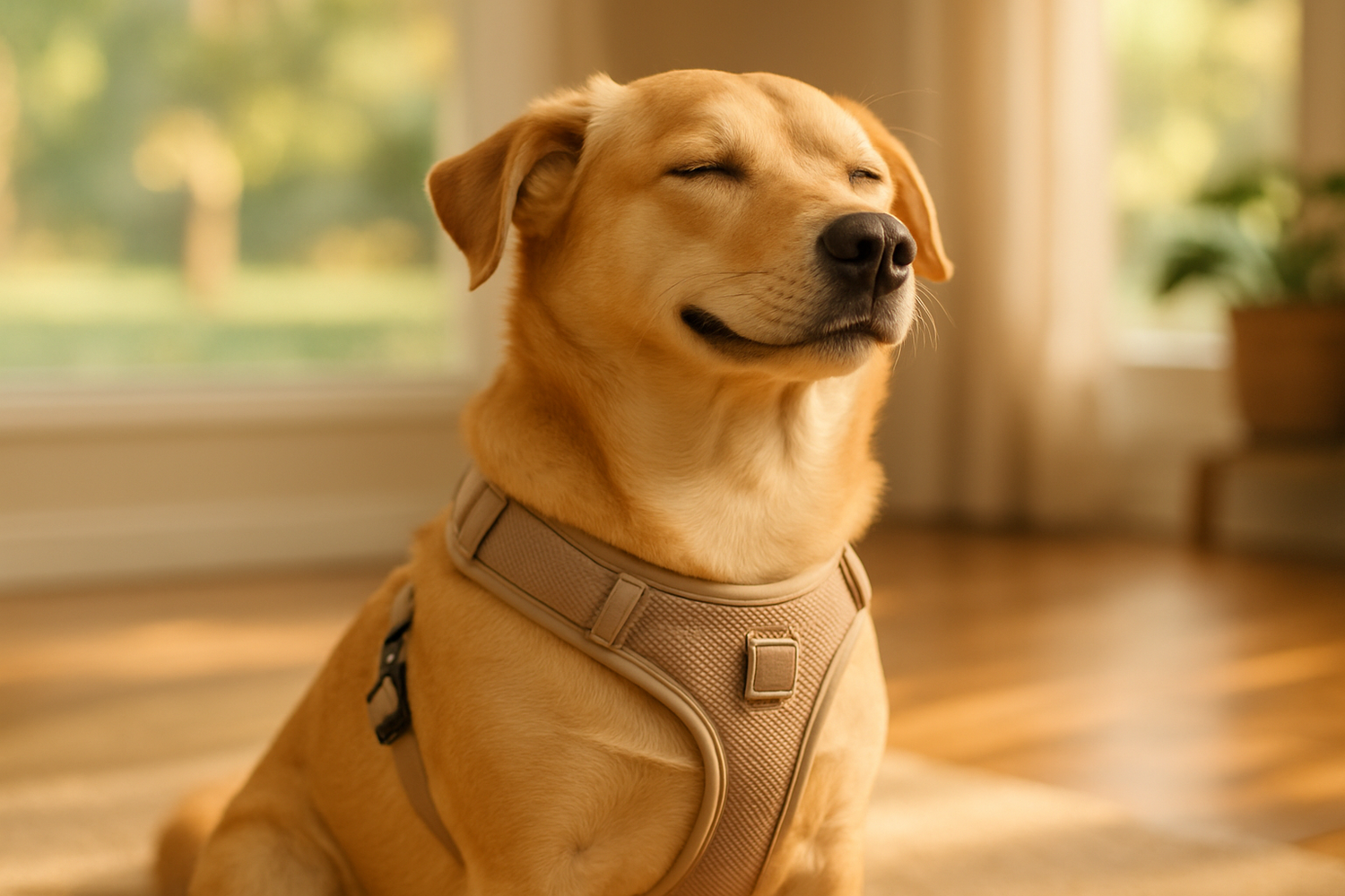 image d'un chien avec un harnais qui lui apporte sérénité et qui rend sa vie plus douce et agréable