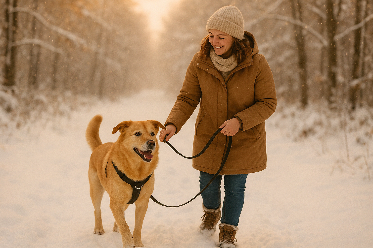 image d'un chien dans la neige avec un harnais et en laisse avec sa maitresse qui a a un éclat de confort et de chaleur parce qu'il mérite ce qui a de mieux