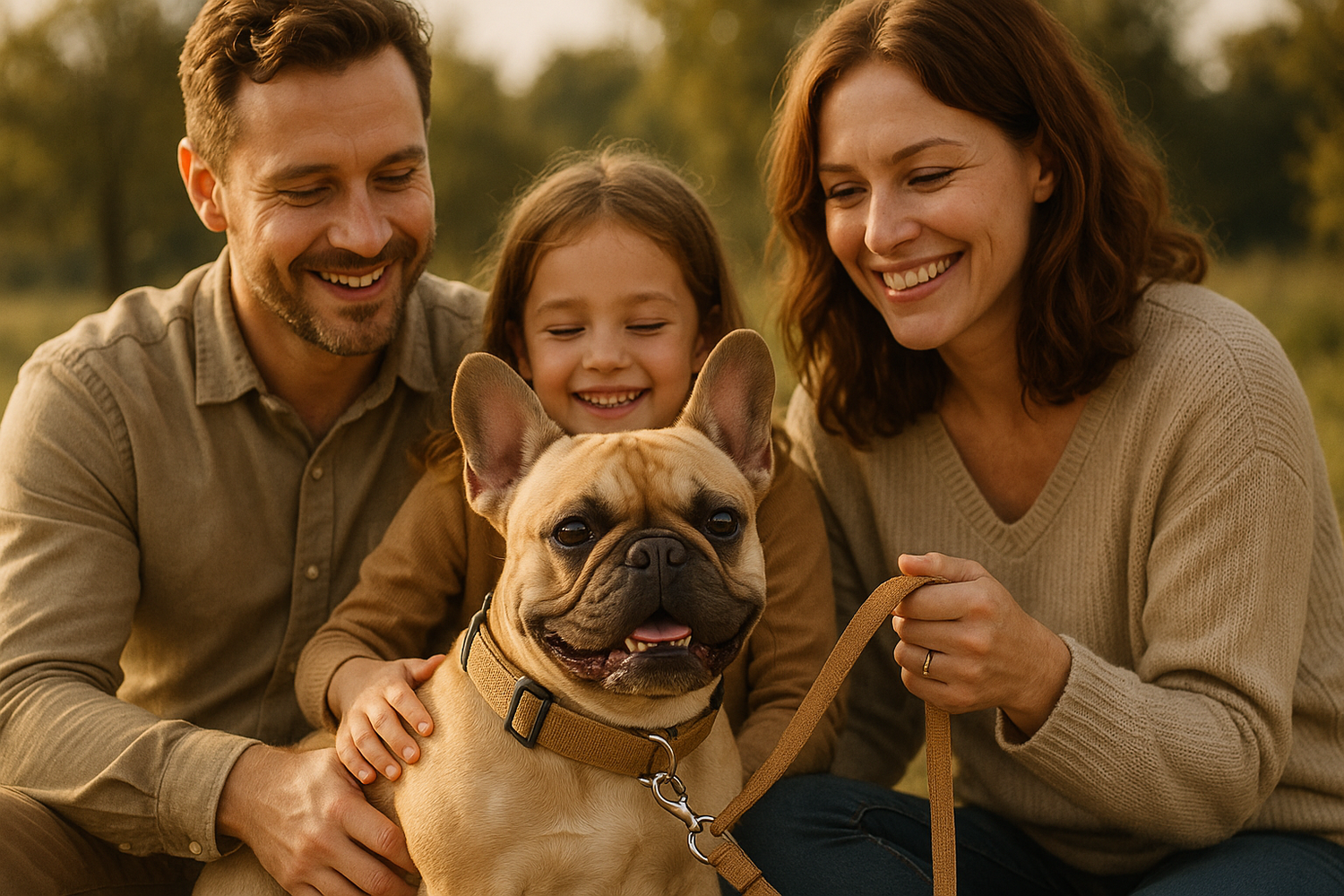 image d'une famille avec un chien frenchie avec un collier et une laisse qui donne une impression de confort et securité pour le chien