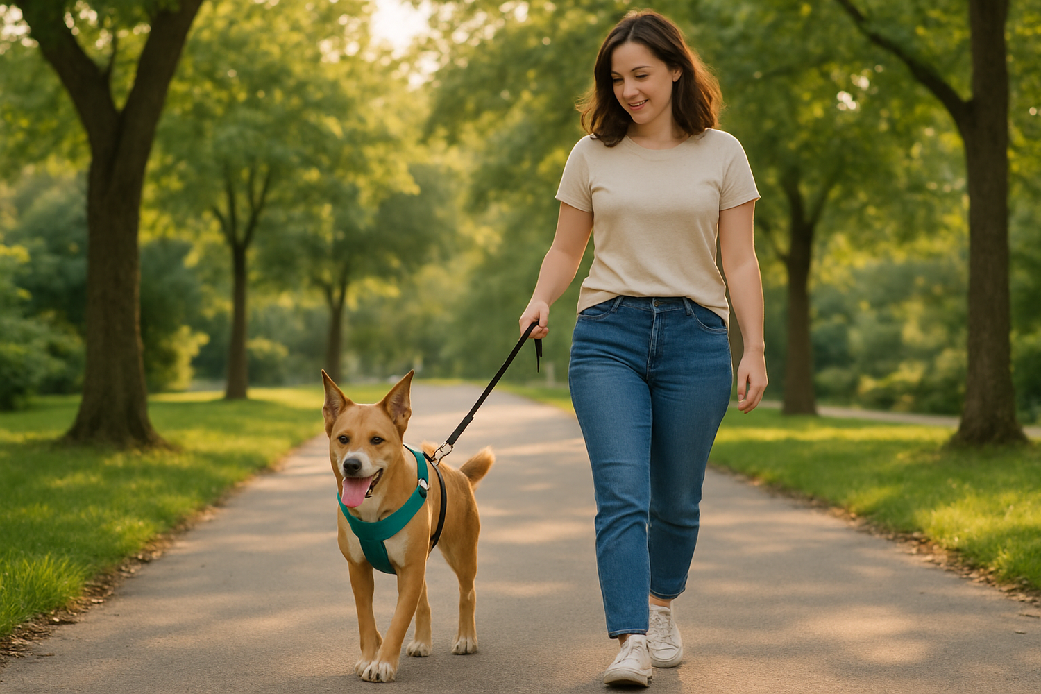 un chien avec un harnais qui se promene avec sa maitresse